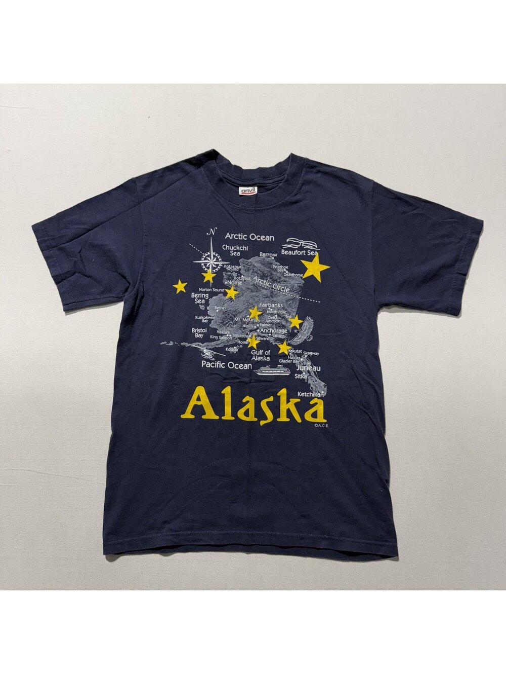 Anvil Alaska Map Navy Blue Graphic T-Shirt Vintage Souvenir Tee